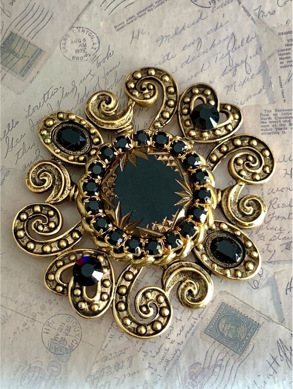 Handmade Magnet Brooch with Swarovski Crystals Elegant Czech Black Stone Brooch